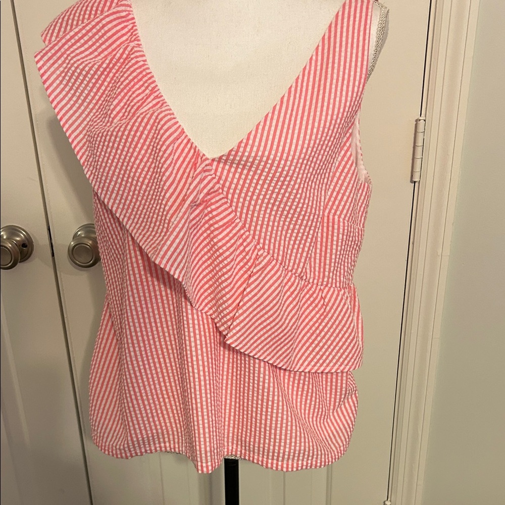 Vineyard Vines Coral Striped Ruffle Blouse